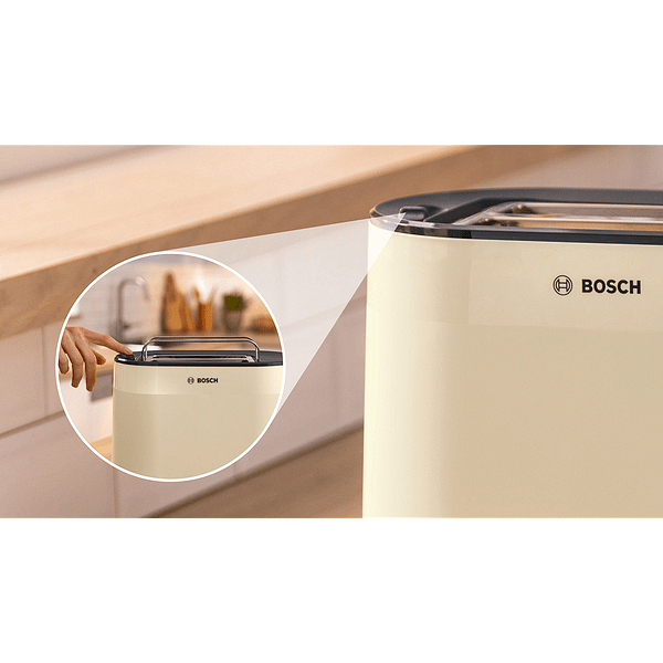 Bosch TAT2M127, Компактен тостер MyMoment, 950 W, Автоматично изключване, Настройка за размразяване и повторно затопляне, Интегрирана решетка за затопляне, Високо повдигане, Крем