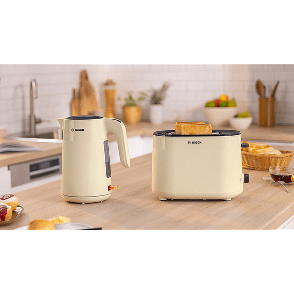Bosch TAT2M127, Компактен тостер MyMoment, 950 W, Автоматично изключване, Настройка за размразяване и повторно затопляне, Интегрирана решетка за затопляне, Високо повдигане, Крем