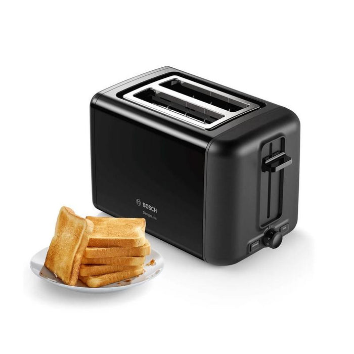 Toaster, Bosch TAT3P423, Compact toaster, DesignLine, 820-970 W, Auto power off, Defrost and warm setting, Lifting high, Black