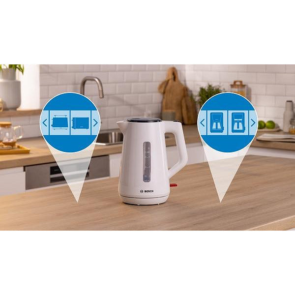 Bosch TWK1M121, Пластмасова кана MyMoment, 2400 W, 1,7 л, Индикатор за чаши, Филтър за котлен камък, Тройна функция за безопасност, Бял