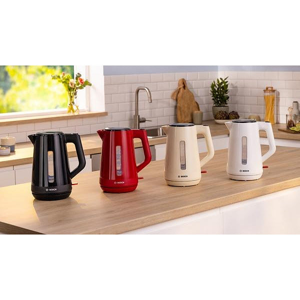 Bosch TWK1M121, Пластмасова кана MyMoment, 2400 W, 1,7 л, Индикатор за чаши, Филтър за котлен камък, Тройна функция за безопасност, Бял