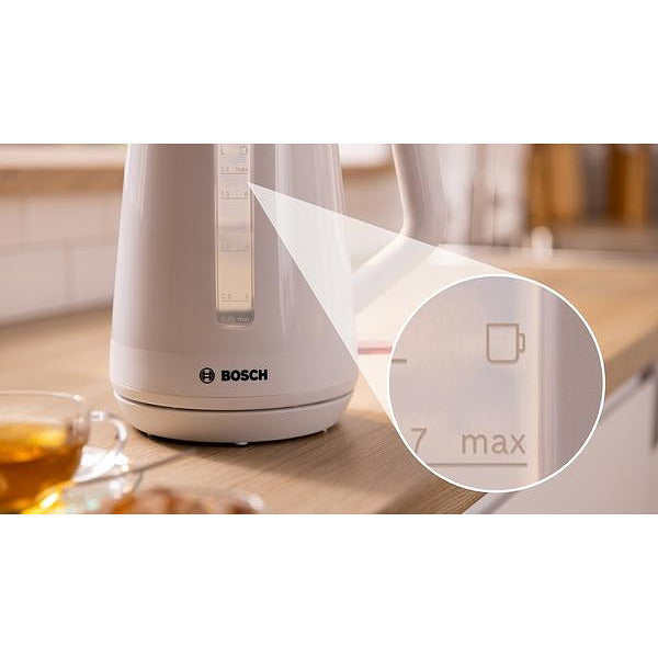 Bosch TWK1M121, Пластмасова кана MyMoment, 2400 W, 1,7 л, Индикатор за чаши, Филтър за котлен камък, Тройна функция за безопасност, Бял