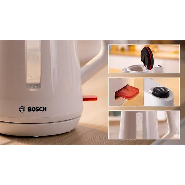Bosch TWK1M121, Пластмасова кана MyMoment, 2400 W, 1,7 л, Индикатор за чаши, Филтър за котлен камък, Тройна функция за безопасност, Бял