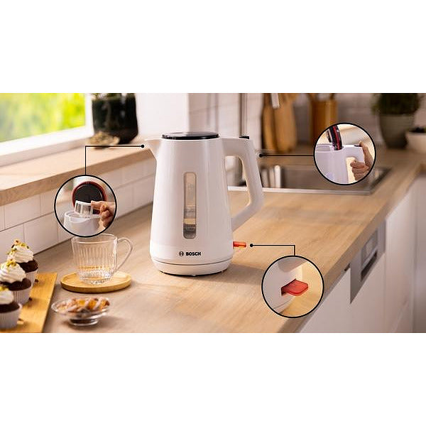 Bosch TWK1M121, Пластмасова кана MyMoment, 2400 W, 1,7 л, Индикатор за чаши, Филтър за котлен камък, Тройна функция за безопасност, Бял