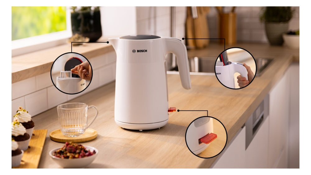 Bosch TWK2M161, Пластмасова кана MyMoment, 2400 W, 1,7 л, Индикатор за чаши, Филтър за котлен камък, Тройна функция за безопасност, Бял
