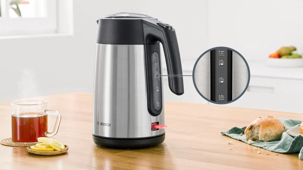 Bosch TWK7L460, Чайник, 2000-2400 W, 1.7 л, Индикатор за чаши, Тройна функция за безопасност, Неръждаема стомана