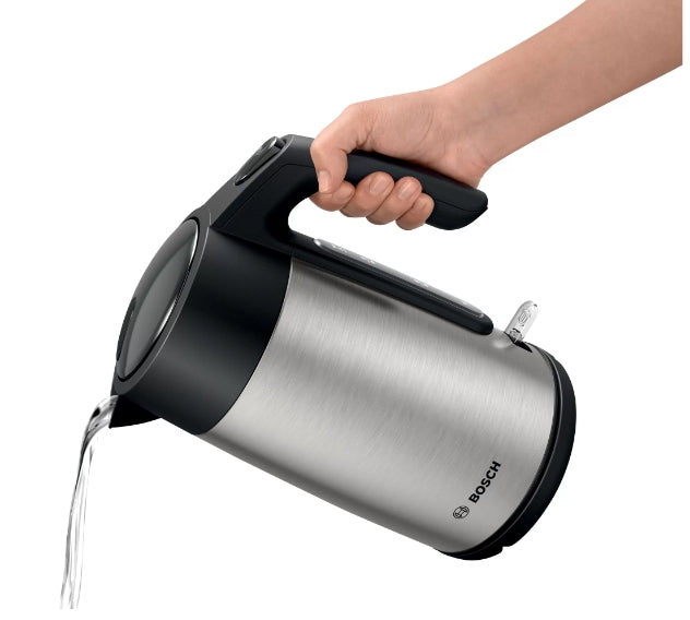 Bosch TWK7L460, Чайник, 2000-2400 W, 1.7 л, Индикатор за чаши, Тройна функция за безопасност, Неръждаема стомана