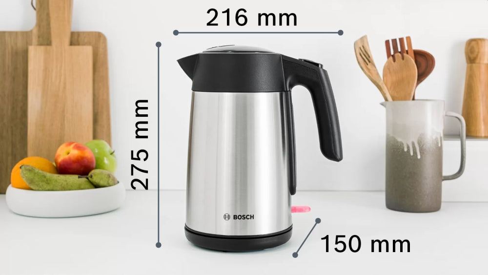 Bosch TWK7L460, Чайник, 2000-2400 W, 1.7 л, Индикатор за чаши, Тройна функция за безопасност, Неръждаема стомана