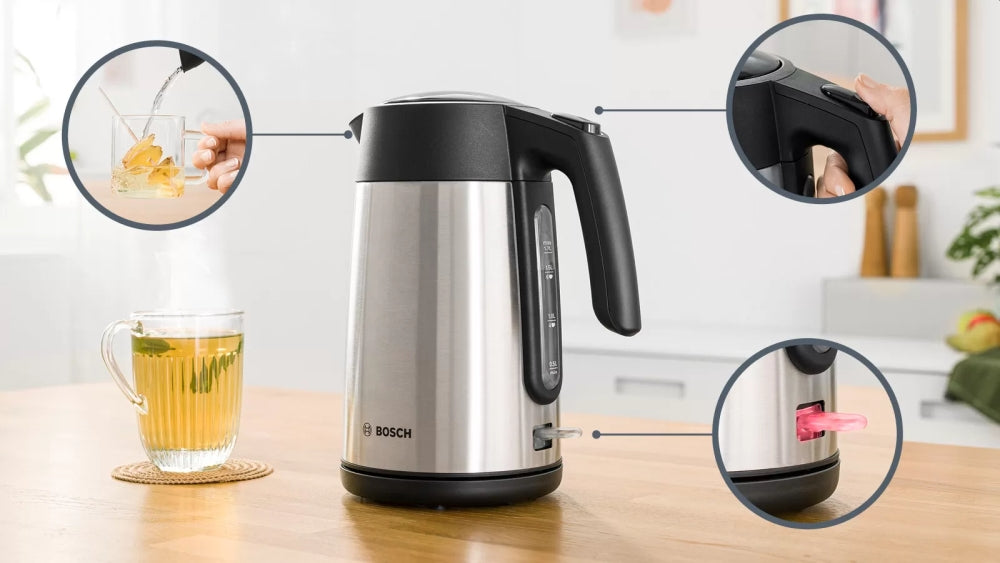 Bosch TWK7L460, Чайник, 2000-2400 W, 1.7 л, Индикатор за чаши, Тройна функция за безопасност, Неръждаема стомана