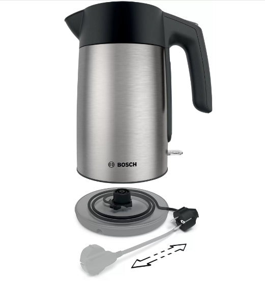 Bosch TWK7L460, Чайник, 2000-2400 W, 1.7 л, Индикатор за чаши, Тройна функция за безопасност, Неръждаема стомана