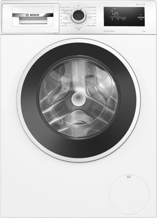 Bosch WAN2406NBY, SER4, Пералня 8 кг, A, 1200 об/мин, 51/71dB(A), Iron Assist, барабан waveDrum 65 л, 4 опции, бяло-черно-сива врата