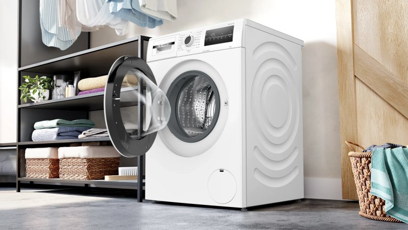 Bosch WAN2826SBY, SER4, Пералня 8 кг, A, 1400 об/мин, 51/72dB(A), Iron Assist, барабан waveDrum 65 л, 7 опции, Rinse Plus, бяло-черно-сива врата