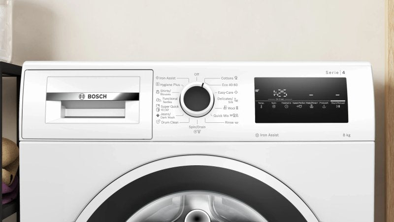 Bosch WAN2826SBY, SER4, Пералня 8 кг, A, 1400 об/мин, 51/72dB(A), Iron Assist, барабан waveDrum 65 л, 7 опции, Rinse Plus, бяло-черно-сива врата