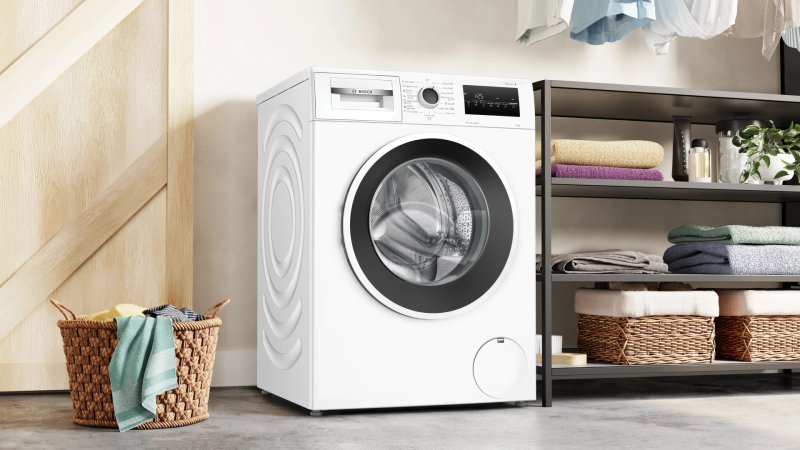 Bosch WAN2826SBY, SER4, Пералня 8 кг, A, 1400 об/мин, 51/72dB(A), Iron Assist, барабан waveDrum 65 л, 7 опции, Rinse Plus, бяло-черно-сива врата