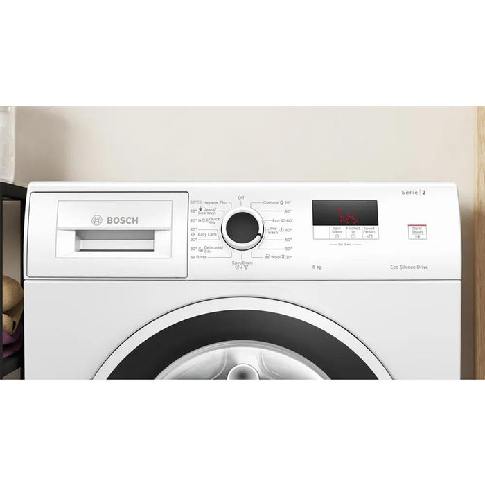 Bosch WGE03200BY, SER2, Пералня 8кг, A, 1200rpm, 51/71dB(A), waveDrum 65l, 4 опции, SpeedPerfect, Hygiene+, Дънки/тъмно пране, бяло-черносива врата