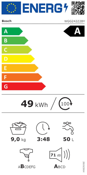 Bosch WGG242Z2BY, SER6, Пералня 9 кг, A, 1200 об/мин, 51/71dB(A), Iron Assist, AntiStain 4, барабан waveDrum 65 л, бяло-черно-сива врата
