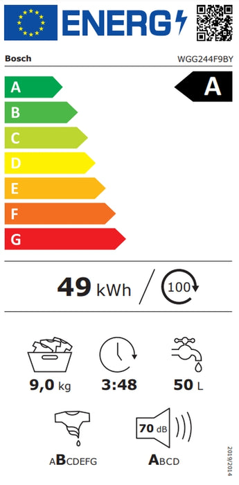 Bosch WGG244F9BY, SER6, Washing machine 9kg, A, 1400 rpm, 70db(A), waveDrum 65l, i-DOS, Recharge function, EcoSilence Drive,White