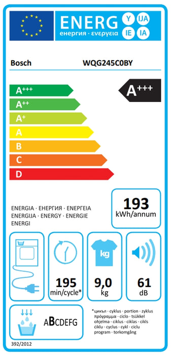 Bosch WQG245C0BY, SER6, Tumble dryer with heat pump 9kg, A+++/B,  61dB, selfCleaning Condenser, drain set, white