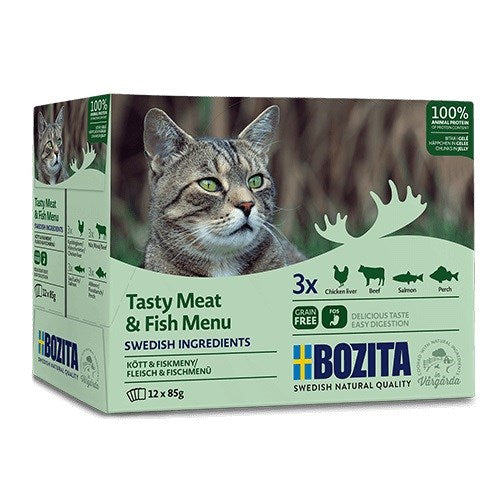 BOZITA Вкусно меню с месо и риба в желе - мокра храна за котки - 12 x 85 г