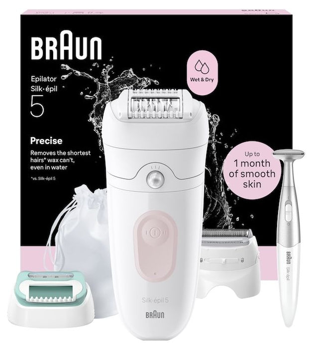 Епилатор Braun - Silk-épil 5 5-251 Wet & Dry, 2 степени, 3 приставки, розов/бял