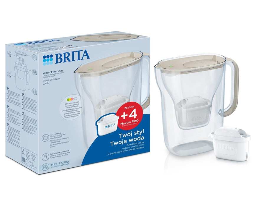 Филтърна кана Brita Style Essential + 4 филтърни патрона Maxtra Pro Pure Performance (пясъчен цвят)