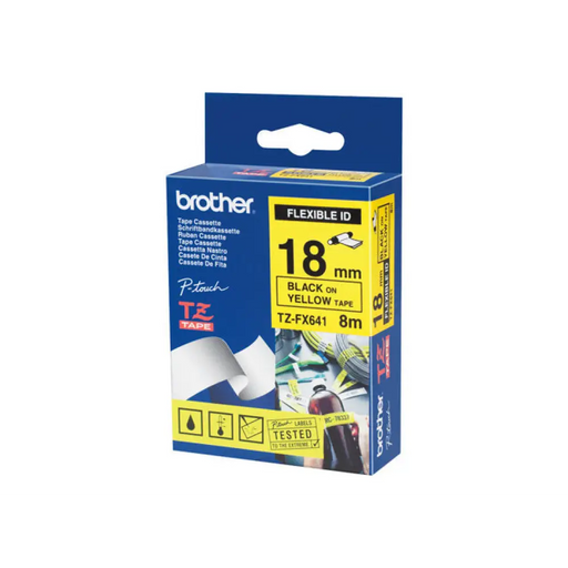 BROTHER TZEFX641 18mm ЧЕРЕН НА ЖЪЛТ ГЪВКАВ ID