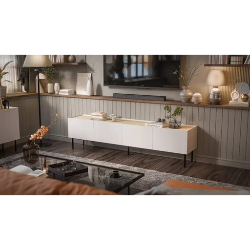 Cama FELLINI ТВ шкаф 200x40x52 кашмир + плот от омаслен дъб