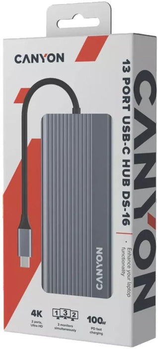 USB хъб Canyon - TDS16 Hub, 13 порта, USB-C, сив