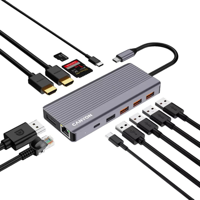 USB хъб Canyon - TDS16 Hub, 13 порта, USB-C, сив