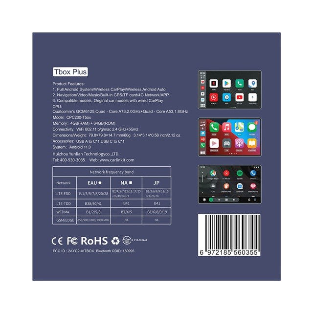 CARLINKIT Адаптер Безжична AI кутия с Android 13 - 8GB + 128GB за оригинални автомобилни радиостанции с CarPlay син