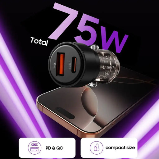 CC03 2-портово зарядно за кола PD75W - черно