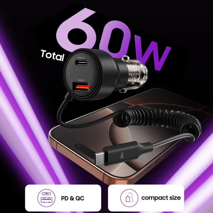 CC05 Зарядно за кола 2-портово PD60 W + USB-C кабел - черно