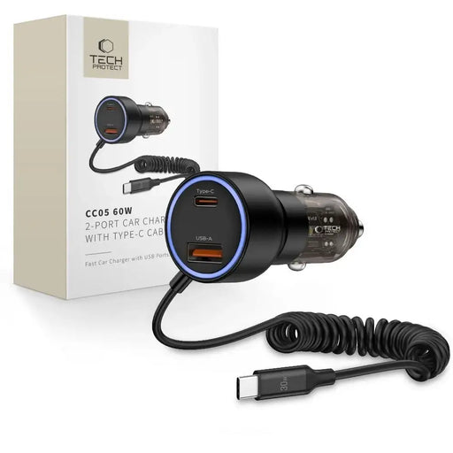 CC05 Зарядно за кола 2-портово PD60 W + USB-C кабел - черно