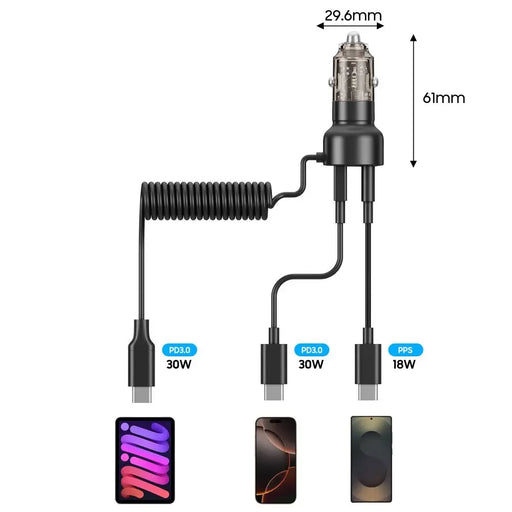 CC05 Зарядно за кола 2-портово PD60 W + USB-C кабел - черно