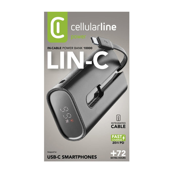 ВЪНШНА БАТЕРИЯ CELLULAR LINE LIN-C 10000 mAh 20W PD USB-C вграден USB-C кабел