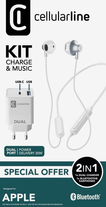 Комплект зарядно и слушалки Cellularline - Kit Charge & Music, бял