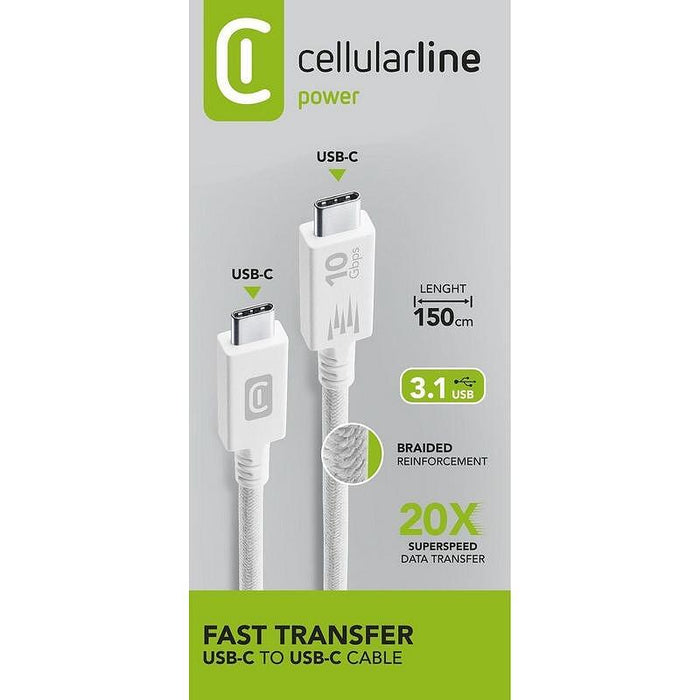 Кабел Cellularline USB-C to USB-C 5A, 10 Gbps, 100W, 1.5 м, бял