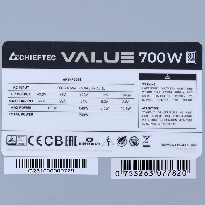 Захранващ блок Chieftec Value APB-700B8, 700 W, 20+4-пинов, ATX, ATX, сребрист