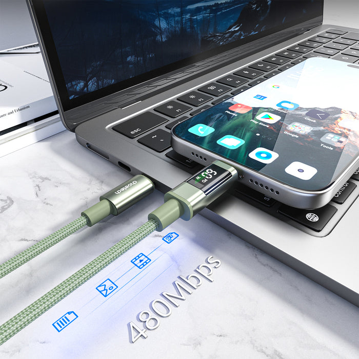 PD60W USB-C към USB-C цифров дисплей 1.2m найлонов кабел - зелен