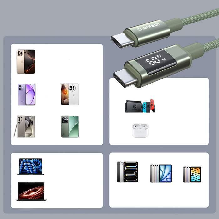 PD60W USB-C към USB-C цифров дисплей 1.2m найлонов кабел - зелен
