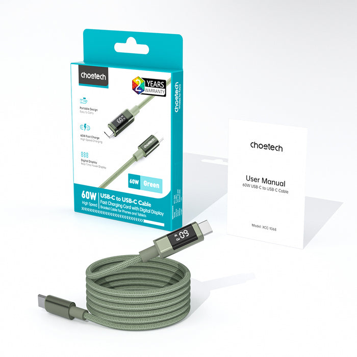 PD60W USB-C към USB-C цифров дисплей 1.2m найлонов кабел - зелен