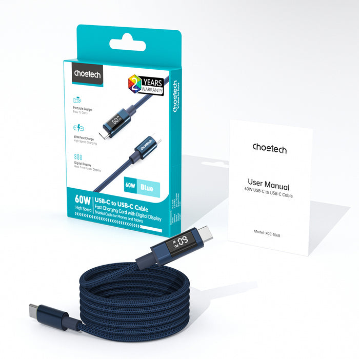 PD60W USB-C към USB-C цифров дисплей 1.2m найлонов кабел - син