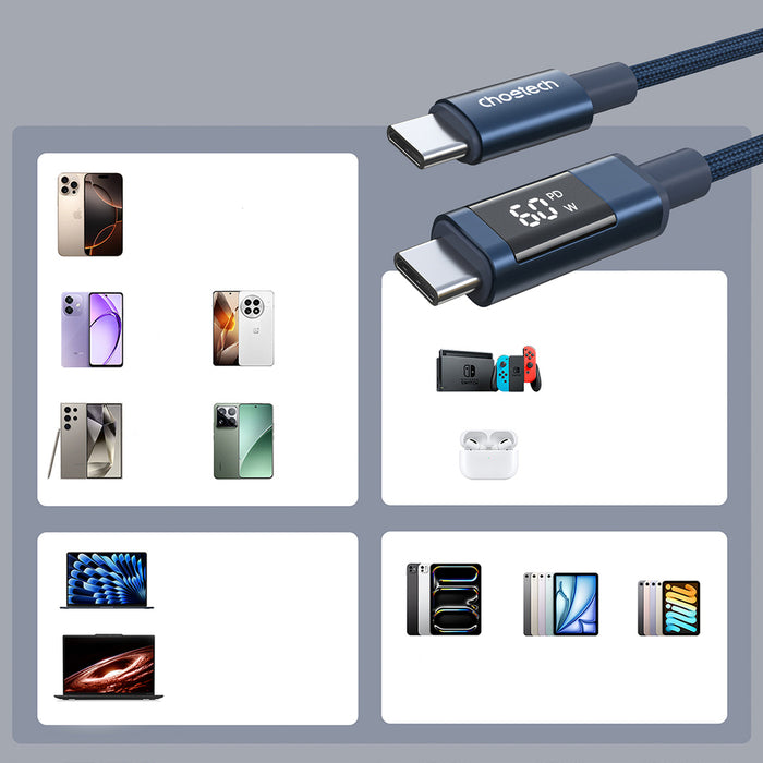 PD60W USB-C към USB-C цифров дисплей 1.2m найлонов кабел - син