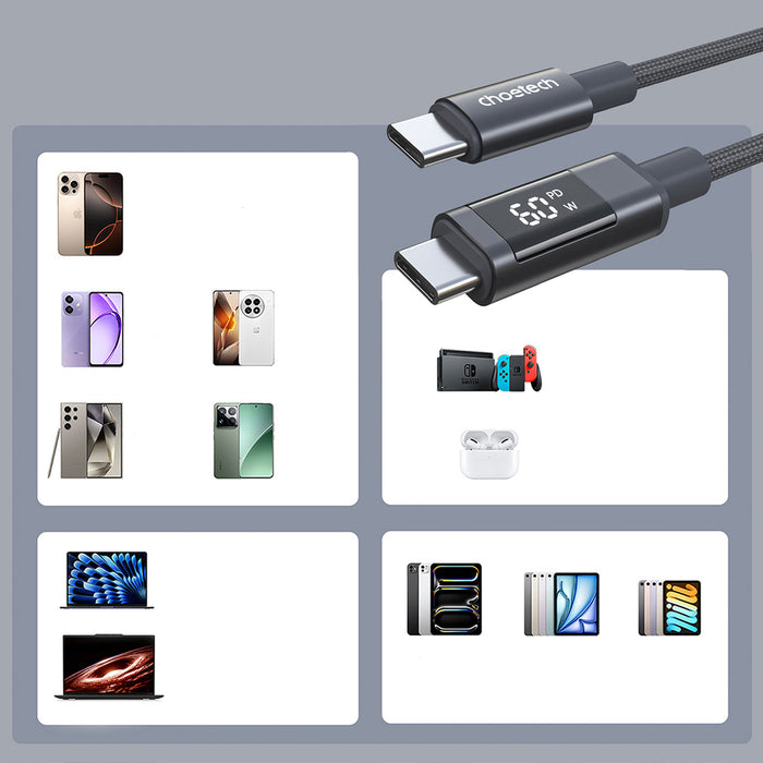 PD60W USB-C към USB-C цифров дисплей 1.2m найлонов кабел - черен