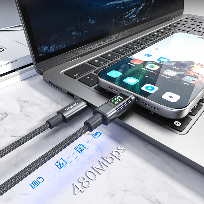 PD60W USB-C към USB-C цифров дисплей 1.2m найлонов кабел - черен