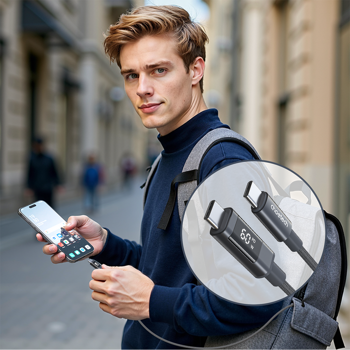 PD60W USB-C към USB-C цифров дисплей 1.2m найлонов кабел - черен