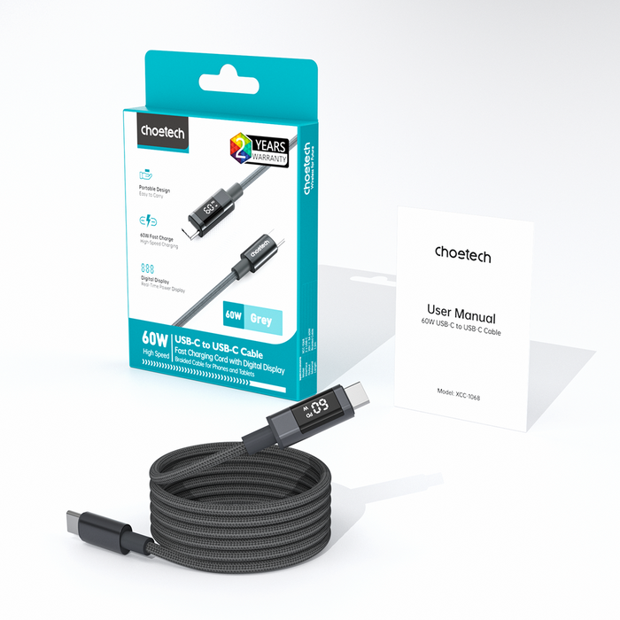 PD60W USB-C към USB-C цифров дисплей 1.2m найлонов кабел - черен