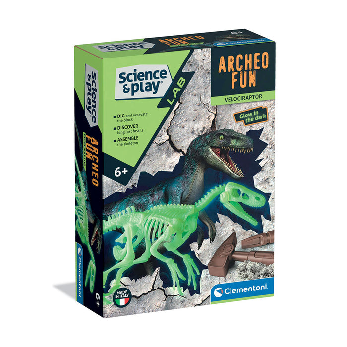 CLEMENTONI ARHEO FUN Разкрий Скелет Динозавър Velociraptor Glow in The Dark