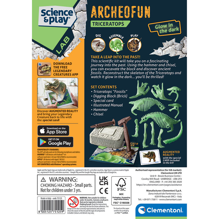 CLEMENTONI ARHEO FUN Разкрий Скелет Динозавър Triceratops Glow in The Dark
