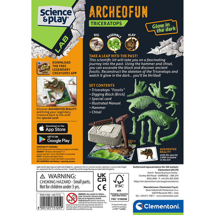 CLEMENTONI ARHEO FUN Разкрий Скелет Динозавър Triceratops Glow in The Dark